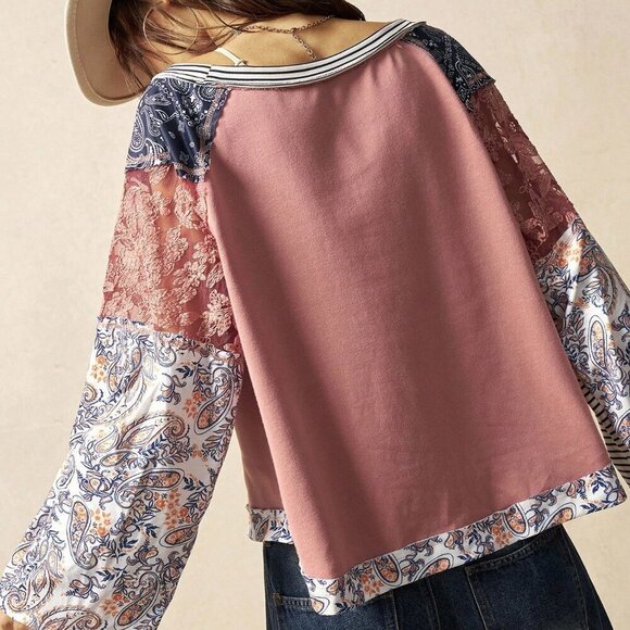 Coral Pink Boho Women's Countryside Vacation Knit Blouse - Picture 2 of 6